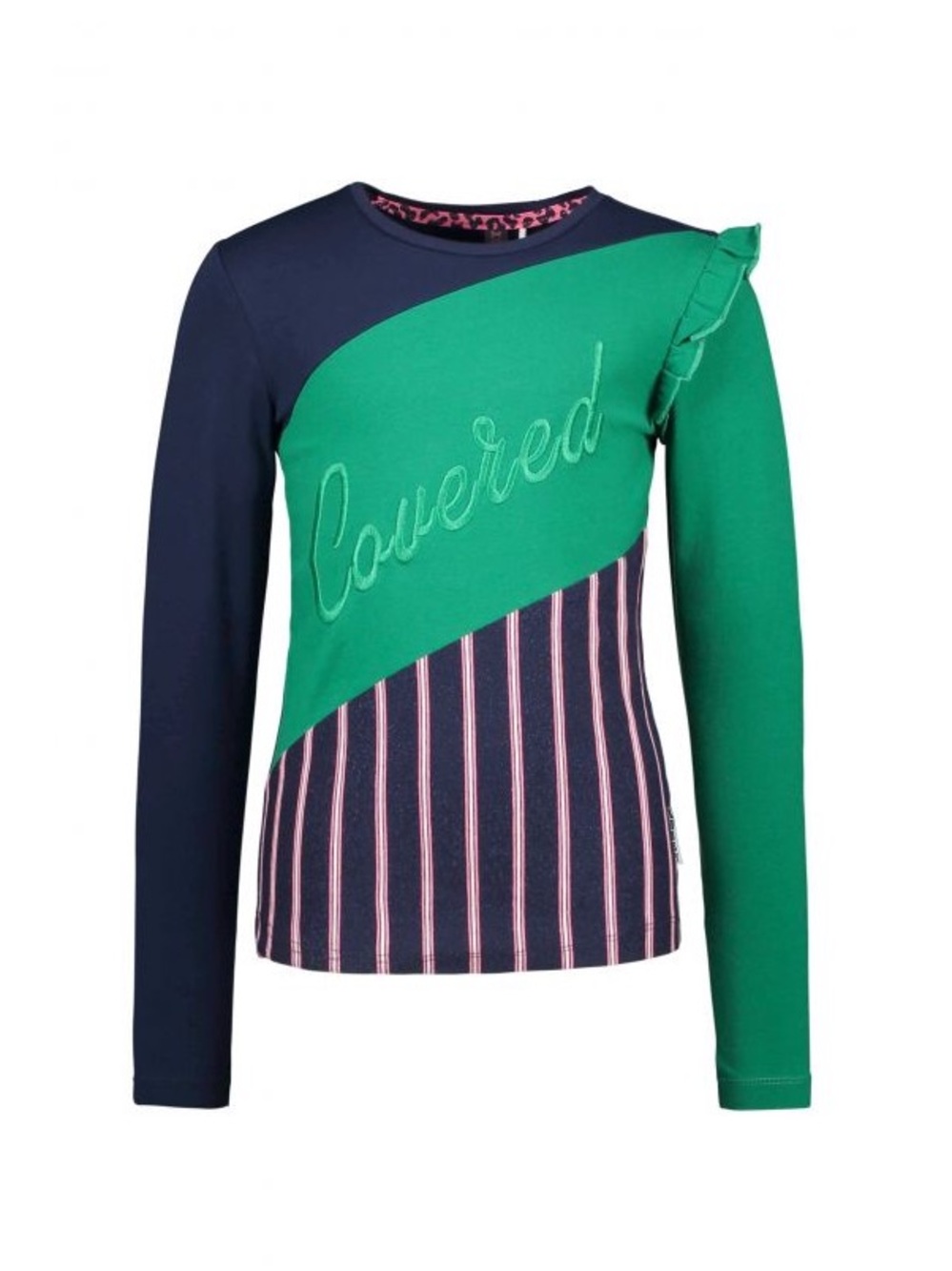 Girls' Colorblock Long Sleeve Top with 'Covered' Embroidery - Green/Navy